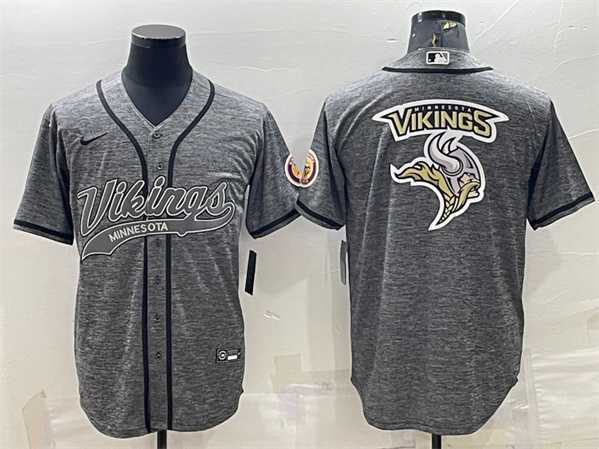 Mens Minnesota Vikings Gray Team Big Logo With Patch Cool Base Stitched Baseball Jersey